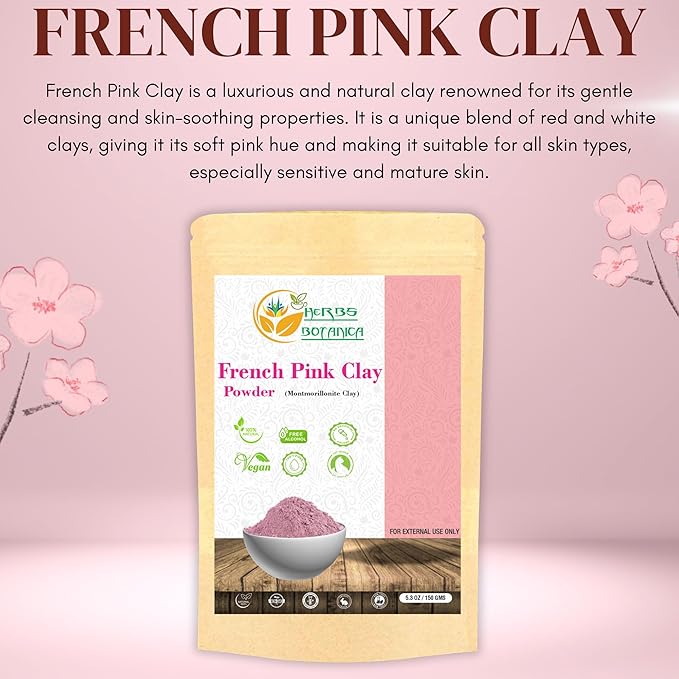 French Pink Clay/Rose Clay Powder Montmorillonite Kaolin Clay Powder Healing Clay for Face Mask Skin Care Detox, For Soap Making Clay French Skincare150 gms / 5.3 oz