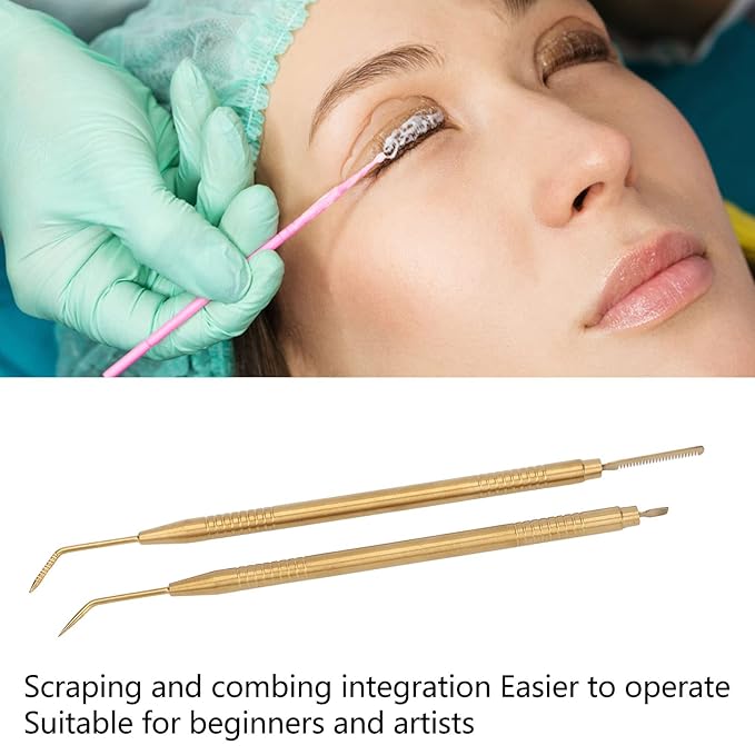 2 Pieces Eyelash Perm Tool,Lash Separator Tint Tool,Stainless Steel Lash Rods Tool with Comb for Eyelash Eyebrow Perming Tinting Curling Extensions (Gold)