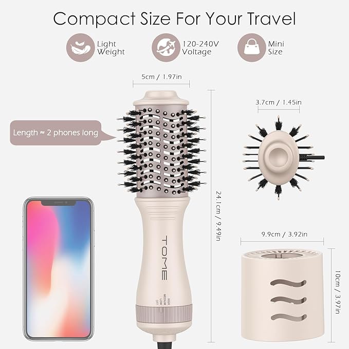 Tome Travel Hair Dryer Brush, Dual Voltage Blow Dryer Brush, Mini Hot Air Portable 2 inch Travel Hair Dryer Styler Volumizer Oval Shape (Tome Color)