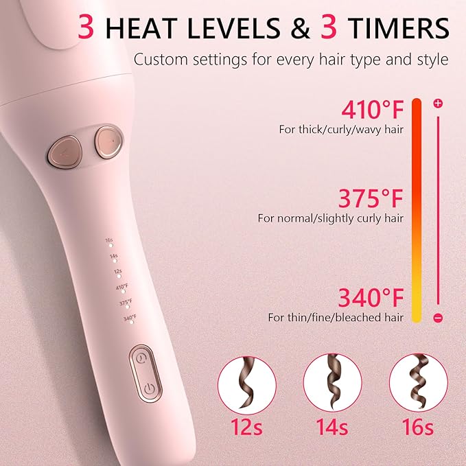 Ufree Automatic Curling Iron - 1-Click Rotating Hair Curler with 3 Temp & Timers, 360° Anti-Scald Design, 1M Ionic Hair Care, Dual Voltage Auto Hair Curler for Beach Waves, Pink
