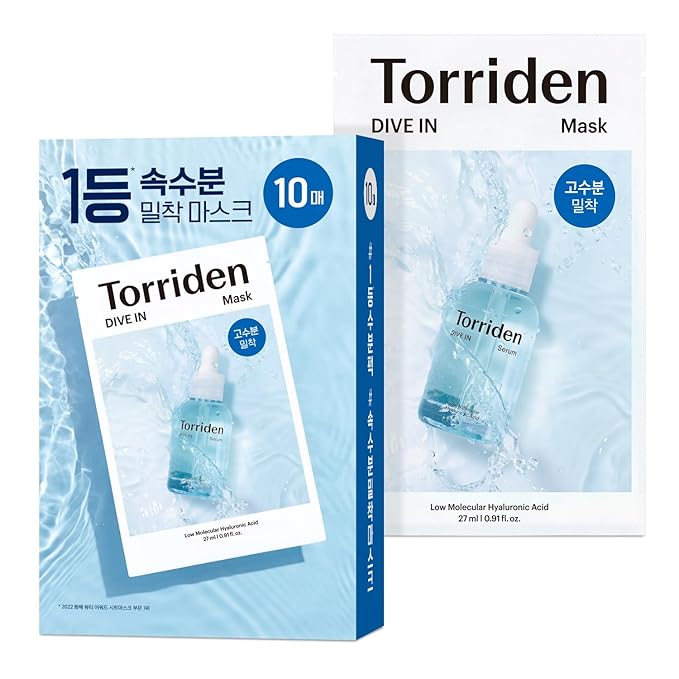 Torriden DIVE IN Hyaluronic Acid Facial Mask (10 sheets) | Deep Hydration Korean Face Sheet Mask | Panthenol & Allantoin | Korean Skincare Mask