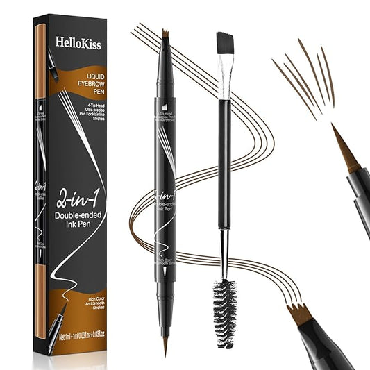 Eyebrow Pen, 2-in-1 Dual-Ended Microblading Eyebrow Pencil, Magical Faux Brow Pen with 4-Fork-Tip & Precise Brush-Tip Create Natural Hair-Like Brow, Waterproof, Stay on All Day, Light Brown
