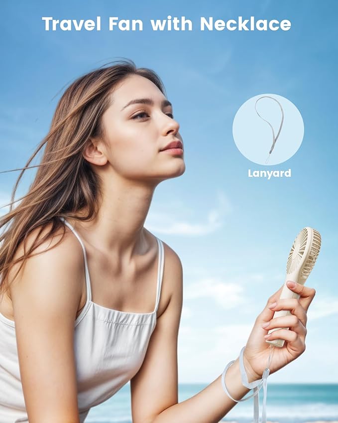 Portable Mini Fan - Powerful Personal Handheld Fan with 3 Speeds, Cute and Small, USB Rechargeable for Travel/Lash/Makeup/Outdoor/Home, Beige