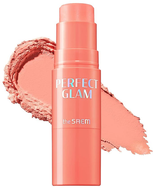 THESAEM Perfect Glam Stick Blusher with Blending Sponge CR01 Apricot Milk - Milky Peach Color Cream Blush Stick Balm for Cheeks - Silky Smooth Formula with Natural Dewy Finish, 0.2oz.