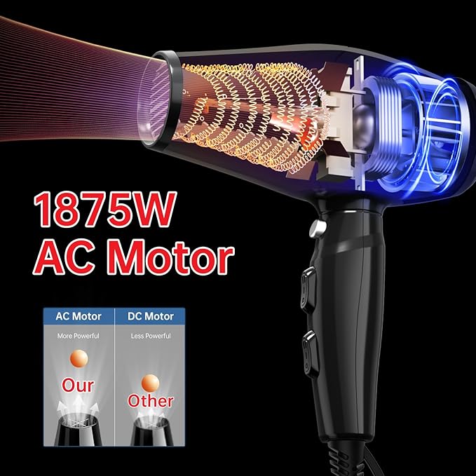 Professional Salon Hair Dryer, CONFU 1875 Watt Negative Ionic Fast Drying Blow Dryer, AC Motor Low Noise Hair Blow Dryer with Diffuser & 2 Concentrator Nozzles
