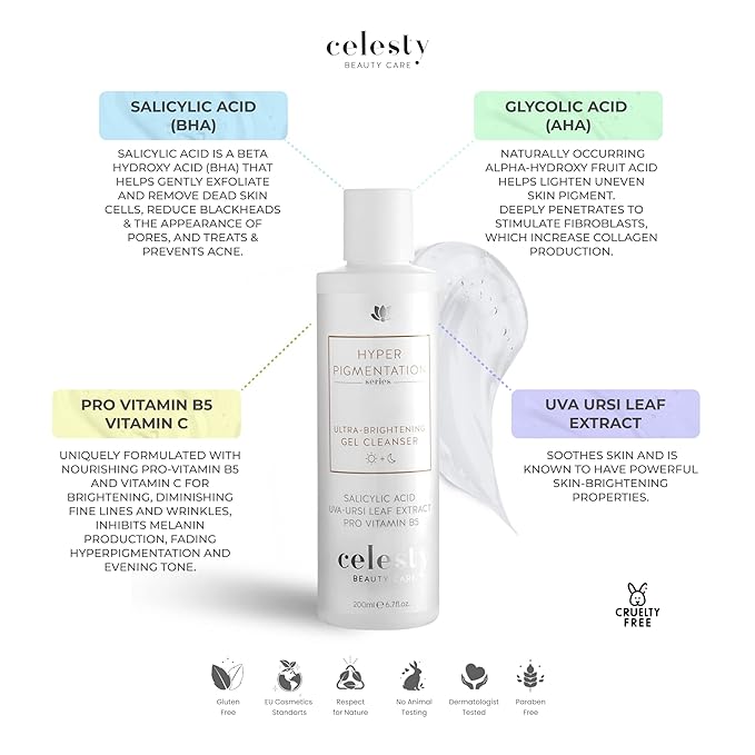 Celesty Beauty Brightening Face Wash, Facial Cleanser Gel Vitamin C, Glycolic Acid (AHA), Salicylic Acid (BHA) Uva Ursi Leaf Extract, Pro Vitamin B5 For Sensitive Skin Large 6.7 fl.oz.
