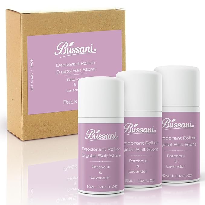 Bussani Women's Roll-On Deodorant | Salt Stone Formula, Long-Lasting & Aluminum-Free | 24-Hour Odor Protection | Gifts for Her ֻ| Fragrance: Lavender Patchouli Scent, 2.02 fl oz, Pack of 3