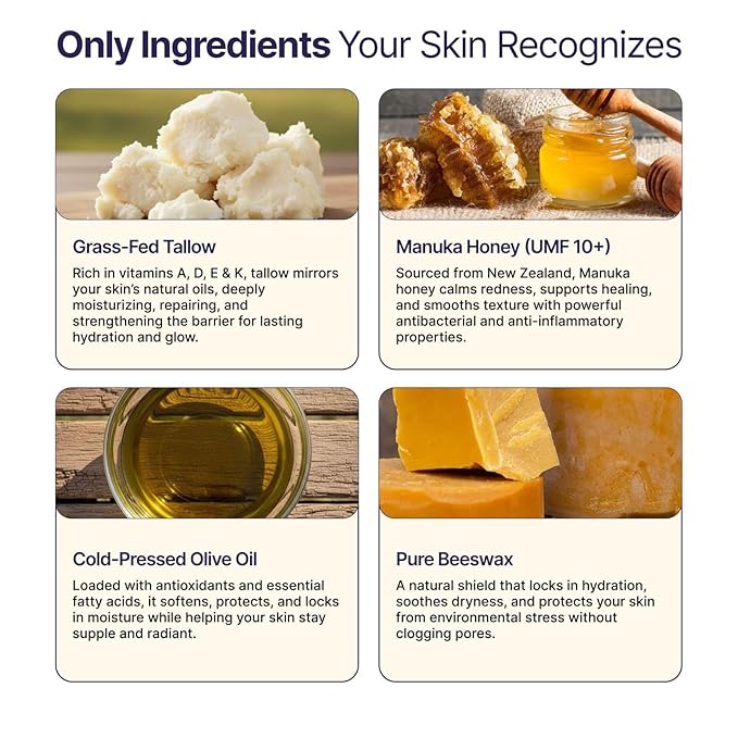 Tallow and Manuka Honey Balm, 2 oz, Unscented, Grass Fed Grass Finished, Face Cream, Body, Lotion, and Lip Balm