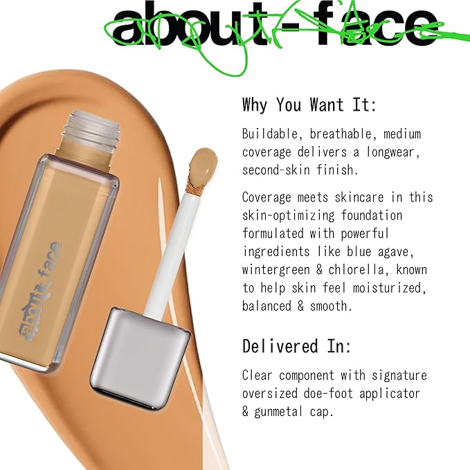 about-face THE PERFORMER Skin-Focused Foundation M2Neutral – Medium Coverage, Long-Wear, Breathable & Buildable Base – Clean, Vegan, Hydrating Formula with Blue Agave & Chlorella – 1.08oz