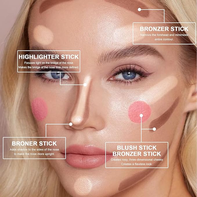 3 Colors Cream Contour Stick, Shades with Highlighter Stick,Blush Stick and Bronzer Contour Stick for Sculpt the Cheeks,Long Lasting,Waterproof,Matte & Dewy Finish for Women (LIGHT FAIR(8+10+12))