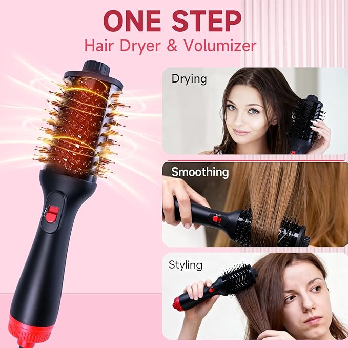 4-in-1 Hair Dryer Brush - Brush Blow Dryer Hot Air Styler for Frizz-Free Blowouts, Salon Volumizer & Straightener with ALCI Safety Plug, 3 Heat Settings(KD312)