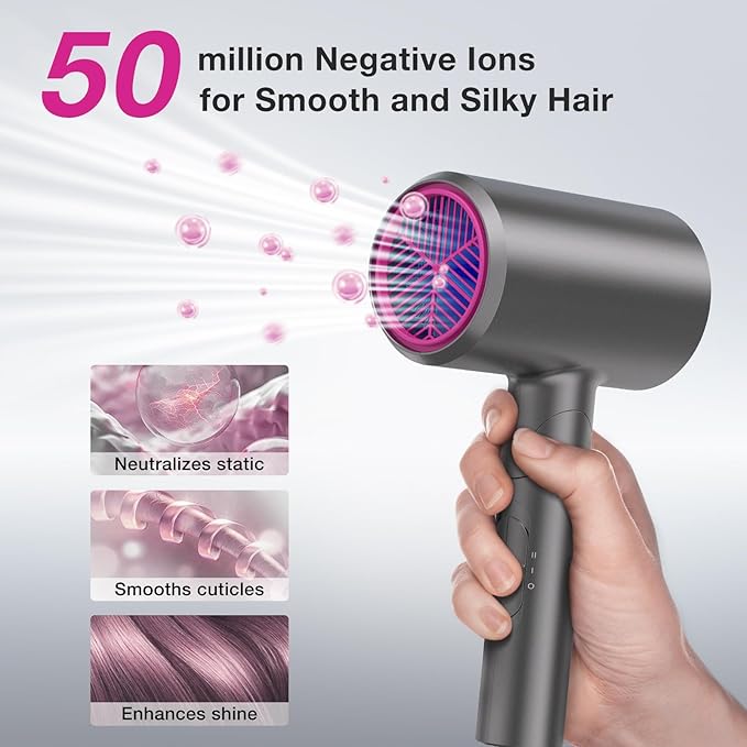 Ionic Diffuser Hair Dryer for Curly Hair, 1875W Fast Drying Blow Dryer with Diffuser and Concentrator Nozzle, Compact & Portable Negative Ion Hairdryer Blowdryer, 3 Heat 2 Speed Settings, Gray
