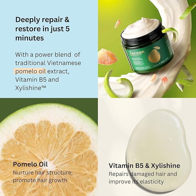 Cocoon Pomelo Essential Oil Hair Growth Mask with Xylishine & Amino Acid, Organic Mask No Sulfate, Vegan Treatment to Soften, Reduce Loss & Volumize Hair Growth | for Thinning, Damaged & Breakage Hair