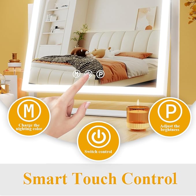 Lighted Makeup Mirror, 17.3"x13" Hollywood Vanity Mirror with Led Lights, Three Color Lighting Modes, and 10X Magnification Mirror, Smart Touch Control, 360°Rotation (White, Gift Box)