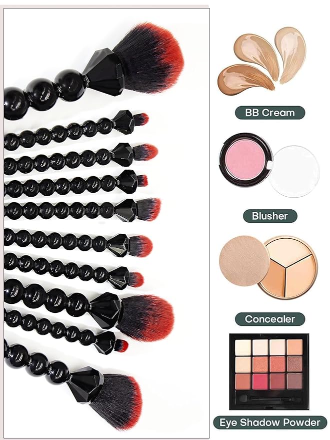 COSHINE Unique Diamond and Pearl Design Makeup Brush Set, 10pcs Cute and Full Complete Powder, Concealer, Blush, Eye Shadow Cosmetic Brushes Kit (BLACK)