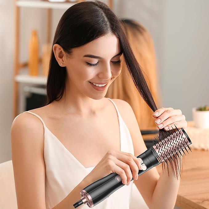 Rotating Hair Dryer Brush, 4 in 1 Round Hot Air Spin Brush Set, Volumizer Blow Dryer Brush with 2 Brushes (2" & 1.5"), Straightener and Concentrator (Rose-Gold)