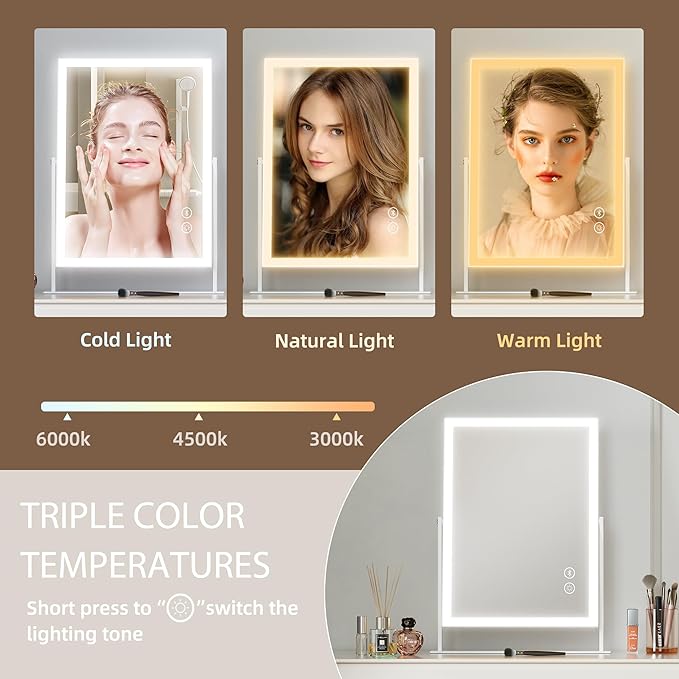 Hansong Vanity Mirror with Lights 11.8"x 16" Hollywood Makeup Mirror with Bluetooth Speaker 3 Colors Dimmable and 360° Rotation 10X Magnification Light Up Mirror for Desk
