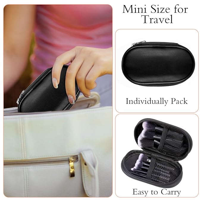 Travel Makeup Brush Set, Portable Mini Cosmetic Brushes with Case Full Complete Function Makeup Brushes Kit with Pouch Foundation Eyebrow Blending Concealer Blush Eyeshadow Contour Pow(Black)