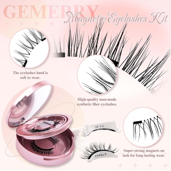 GEMERRY Magnetic Eyelashes with Applicator Magnetic Lashes Natural Look Reusable Soft Strip Lashes No Glue No Eyeliner Needed Lash Applicator Tool Kit Easy to Wear and Remove