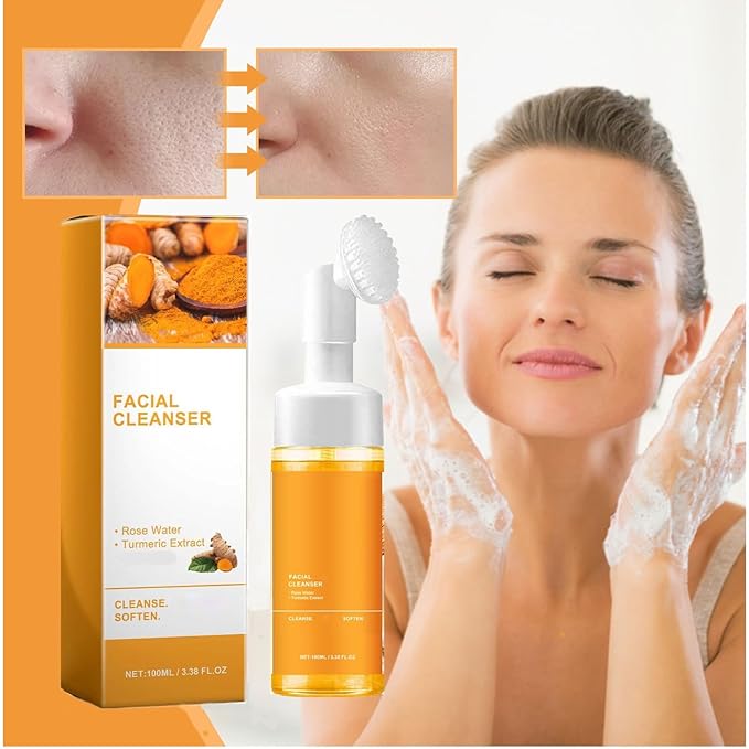 Turmeric Face Wash With Brush, Deep Cleansing Scrub Exfoliating Glow WashTurmeric Foaming Facial Cleanser, Mild Texture For Women Men's All Skin -1Pcs