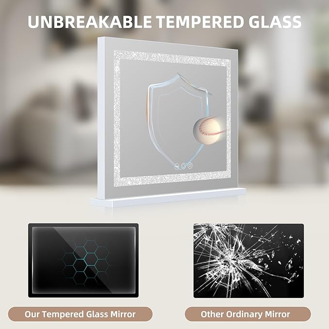 Misavanity Vanity Mirror with Lights Tempered Glass 22.8" x 18.1" Lighted Makeup Mirror with Light Strip Crushed Crystal 3 Colors Modes Dimmable Lights USB Charging Port and 10X Magnification, White