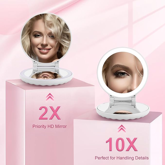 Compact Makeup Mirror with Lights Travel Vanity Mirror with Lights Small Compact Mirror 2x/10x Magnification & LED Lighted, Magnifying Mirror Portable Adjustable Rechargeable, White