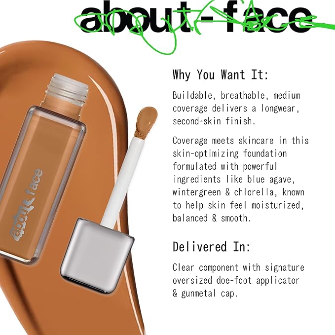about-face THE PERFORMER Skin-Focused Foundation MD2Neutral – Medium Coverage, Long-Wear, Breathable & Buildable Base – Clean, Vegan, Hydrating Formula with Blue Agave & Chlorella – 1.08oz
