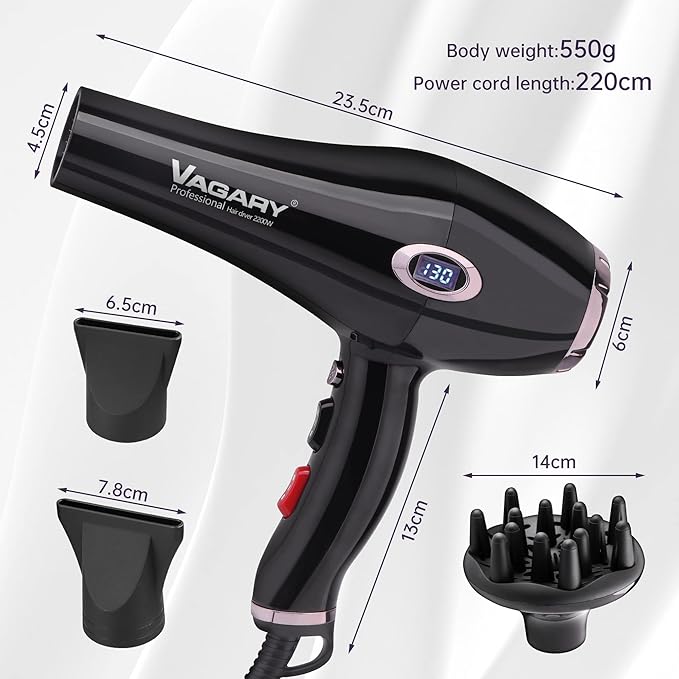 VAGARY Professional Salon 2200W Blower Dryer with Diffuser Concentrator Nozzles,Negative Ionic Blow Dryer,Low Noise Hair Dryers,2 Speeds and 2 Heat Settings 1 Cool Shot Button