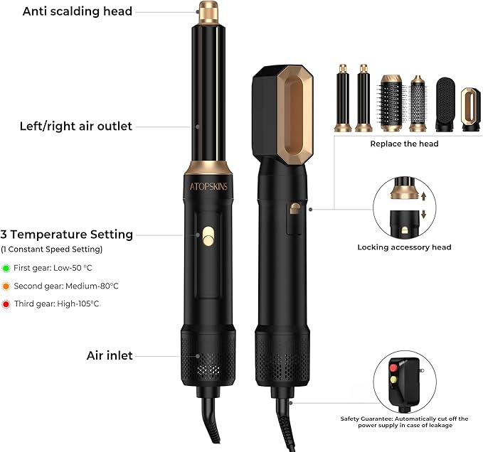 6 in 1 Blow Dryer Brush, Hair Dryer Brush Fast Drying 3 Heat Settings, Hot air Styler Auto Curling Straightening Voluming Smoothing for Women Salon & Travel Use (ALCI Plug)