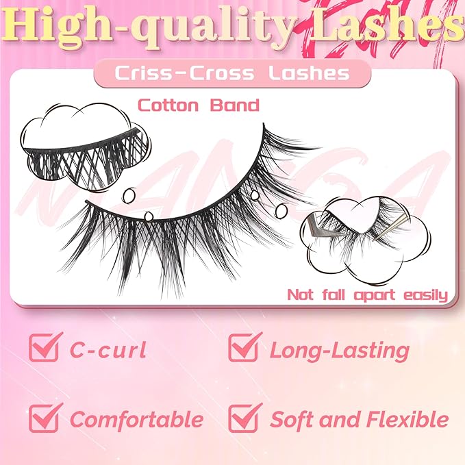 Ahrikiss Lashes Manga Lashes Natural Look Anime False Eyelashes 8 Pairs Faux Mink Lashes Wispy Fake Eyelashes Cosplay Spiky Fake Lashes 10-14mm Soft Strip Lashes (Comic)