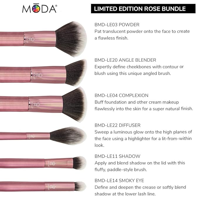 MODA Limited Edition 6PC Rose Makeup Brush Kit, Includes - Powder, Angle Blender, Complexion, Diffuser, Shadow, and Smoky Eye Brushes