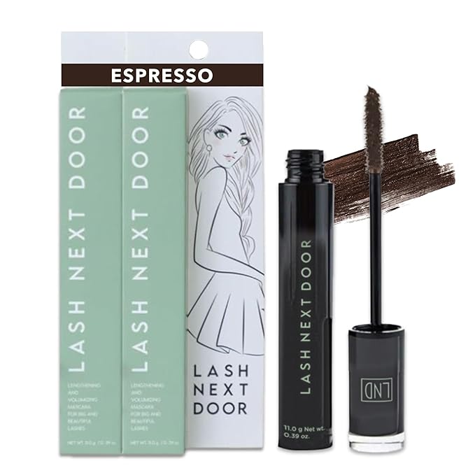 Lash Next Door Espresso Brown Volumizing Mascara, Lengthening No-Clump Formula, Smudge-Proof Makeup for Eyes, 2 Pack, 0.39 oz Each