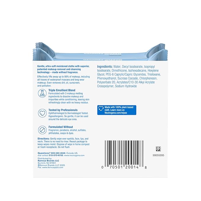 Neutrogena Fragrance-Free Makeup Remover Wipes, Daily Facial Cleanser Towelettes, Gently Removes Oil & Makeup, Alcohol-Free Makeup Wipes, Twin Pack, 2 x 25 ct