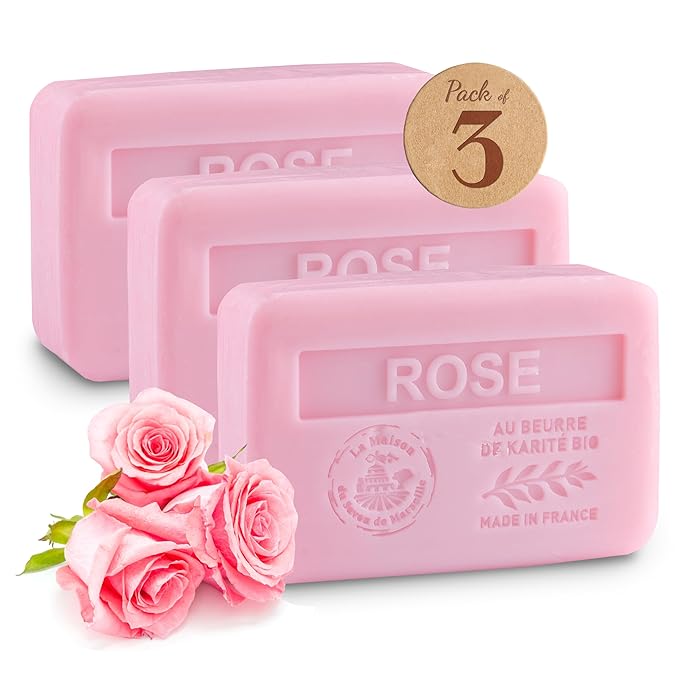 Rose Soap Bars 3xPack – Enriched With Organic Shea Butter - 97% Natural Ingredients - Traditionally Made - French Milled in Provence - Gentle For Skin – 3x8.8 oz - La Maison Du Savon
