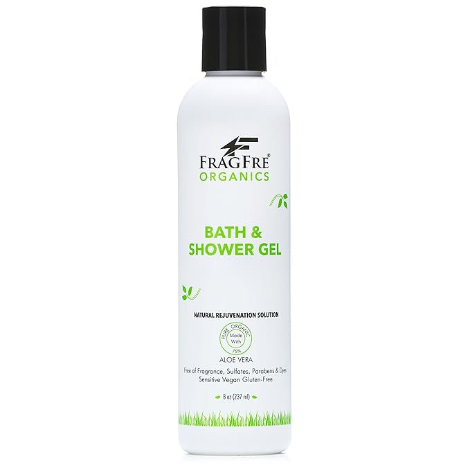 Organic Shower Gel 8 oz - Fragrance Free Sulfate Free Parabens Free - for Normal and Dry Sensitive Skins - Gluten Free Vegan Cruelty Free - Organic Aloe Vera Bath Shower Gel - pure Natural