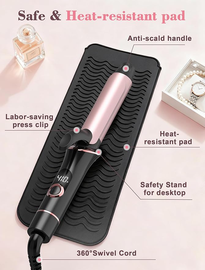 Travel Curling Iron 1 Inch, Dual Voltage Curling Iron 110-240V with European Plug,Small Curling Wand for Women & Short Hair, 5 Temp Digital Settings, Auto-Off, Anti-Scald Cover,Heat-Resistant pad