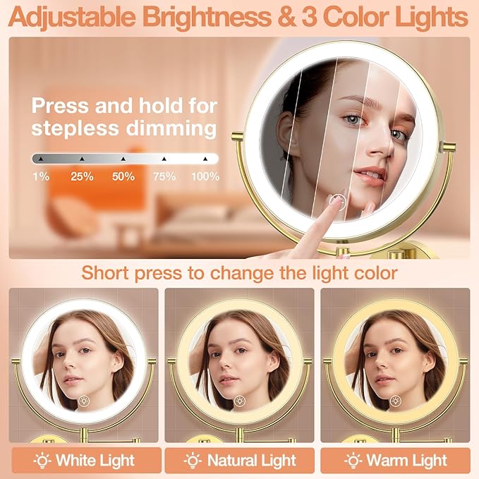 Benbilry 9" Large Wall Mounted Lighted Makeup Mirror, 1X/10X Magnifying 2-Sided AC Plug-in Powered Bathroom Mirror with 3 Color Lights, Touch Dimmable, Extended Arm 360° Rotation, 【Gold】