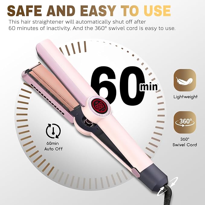 Flat Iron Hair Straightener and Curler 2 in 1-Curling Iron for Lasting Curls,360°Anti-Scald Ionic Curling Wand,Rapid 30-Second Heat-Up,Auto Shutdown & LED Display for All Hair Types (Pink)