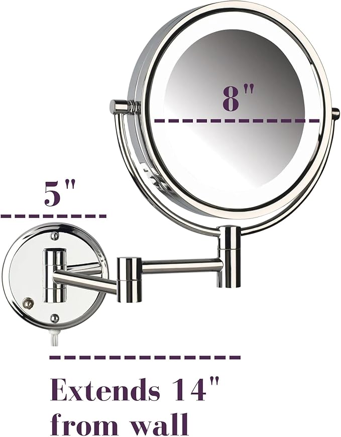 JERDON Wall-Mounted Vanity Mirror with Lights - Lighted Makeup Mirror with 8X Magnification & Chrome Finish - Plug in Model HL88CL