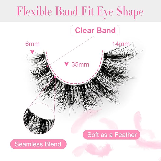 𝗙𝗮𝘂𝘅 𝗠𝗶𝗻𝗸 𝗙𝗮𝗹𝘀𝗲 𝗘𝘆𝗲𝗹𝗮𝘀𝗵𝗲𝘀 𝟯𝗗 𝗙𝗹𝘂𝗳𝗳𝘆 𝗖𝘂𝗿𝗹𝘆 14mm Wispy Natural Look Short False Lashes Volume Clear Band Cat Eye Fake Eyelashes False Lashes Strip Pack by EMEDA (N06)