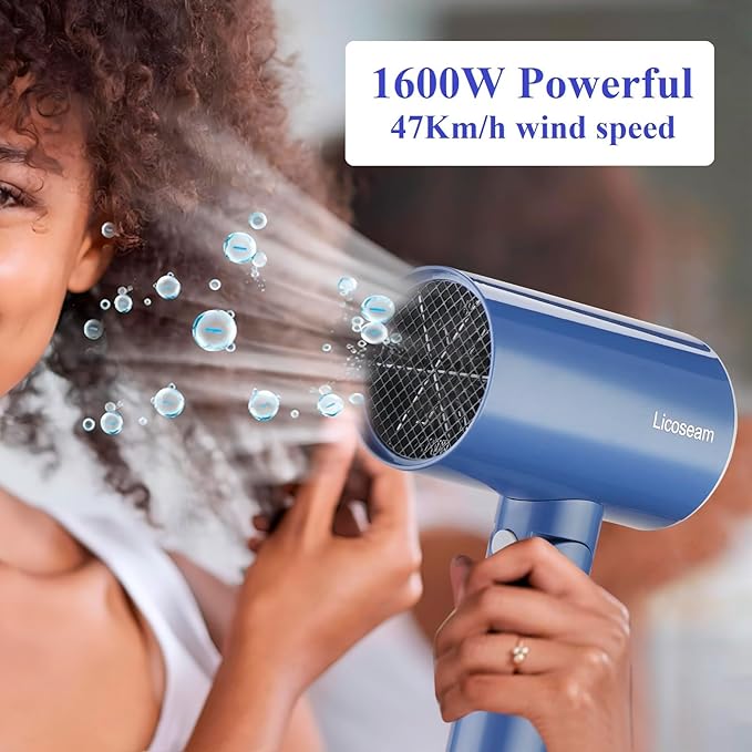 Hair Dryer, 1600W Small Foldable Hair Blow Dryer, Fast Drying Compact Hair Dryer, Blue