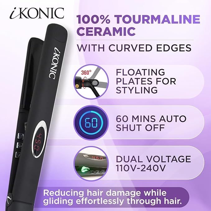 IKonic 100% Tourmaline Ceramic Hair Straightener & Curler, Anti-Static Infrared Ionic 2-in-1 Dual Voltage Flat Iron, 1” Floating Plates, Temp 140–450°F, Frizz-Free & Fast Heat Hair Iron (Pack of 2)