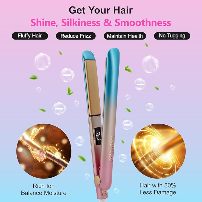 DORISILK Colorful Flat Iron 450 Degrees, Ceramic Hair Straightener and Curler 2 in 1, 30s Fast Heat Straightening Iron for Hair, Dual Voltage Hair Iron 1 Inch Salon Control Temp Gift for Women Girls