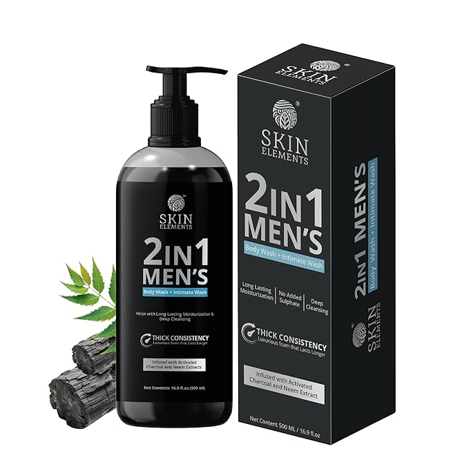 Skin Elements 2-in-1 Body Wash & Intimate Wash for Men| Deep Cleansing Shower Gel| Infused with Activated Charcoal & Neem Extracts| Thicker Consistency| Controls Odor| For All Skin Types | 16.9 fl oz