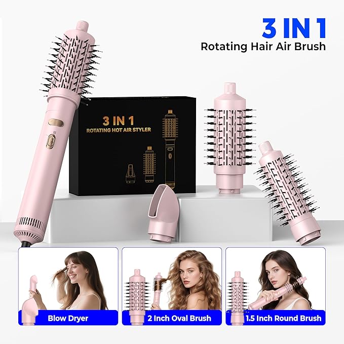 3 in 1 Rotating Hair Dryer Brush,Negative Ionic Professional Brush Blow Dryer with Detachable Brush(2" & 1.5"),3 Heats and 2 Speeds Rotating Hot Air Brush for Curling,Straight,Drying
