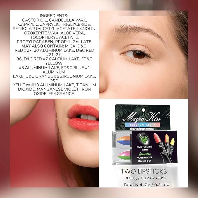 Magic Kiss Color Changing Matte Lipstick set, Long Lasting Nutritious Lips Moisturizer Magic Temperature Color Change Lip Balm with Aloe Vera MADE IN USA (2 Pack - Split A Green/Pink & Blue/Orange)