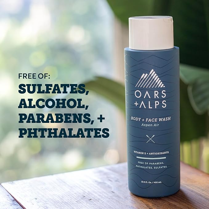 Oars + Alps Body and Face Wash for Men, Mens Body Wash & Face Cleanser with Vitamin E and Antioxidants, Moisturizing, Hydrating, Paraben & Sulfate Free Cleanser, Aspen Air, 1pk