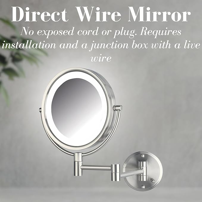 JERDON Wall-Mounted Vanity Mirror with Lights - Hard Wired Makeup Mirror with 8X Magnification & Nickel Finish - Direct Wire Model HL88NLD