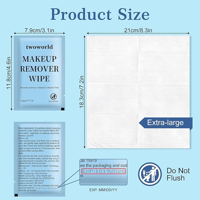 Twoworld Makeup Remover Wipes Bulk Individually Wrapped,Travel Makeup Wipes Gentle for Face Cleansing Mascara Lipstick Travel Hotel(Cucumber,Pack of 100)