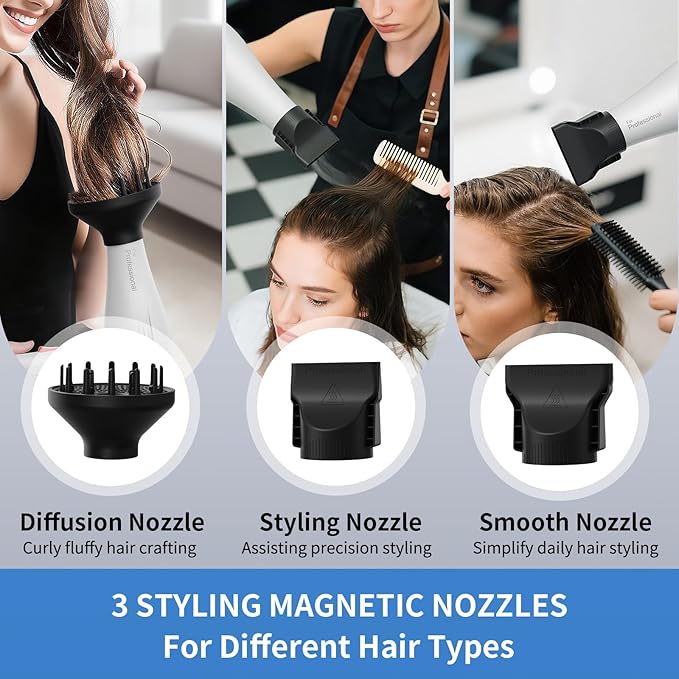 Salon Hair Dryer, Professional Blow Dryer AC Motor Fast Drying with 2 Speed, 3 Heat Setting, Cool Button, with Diffuser, Nozzle, Concentrator Comb for Curly & Straight Hair